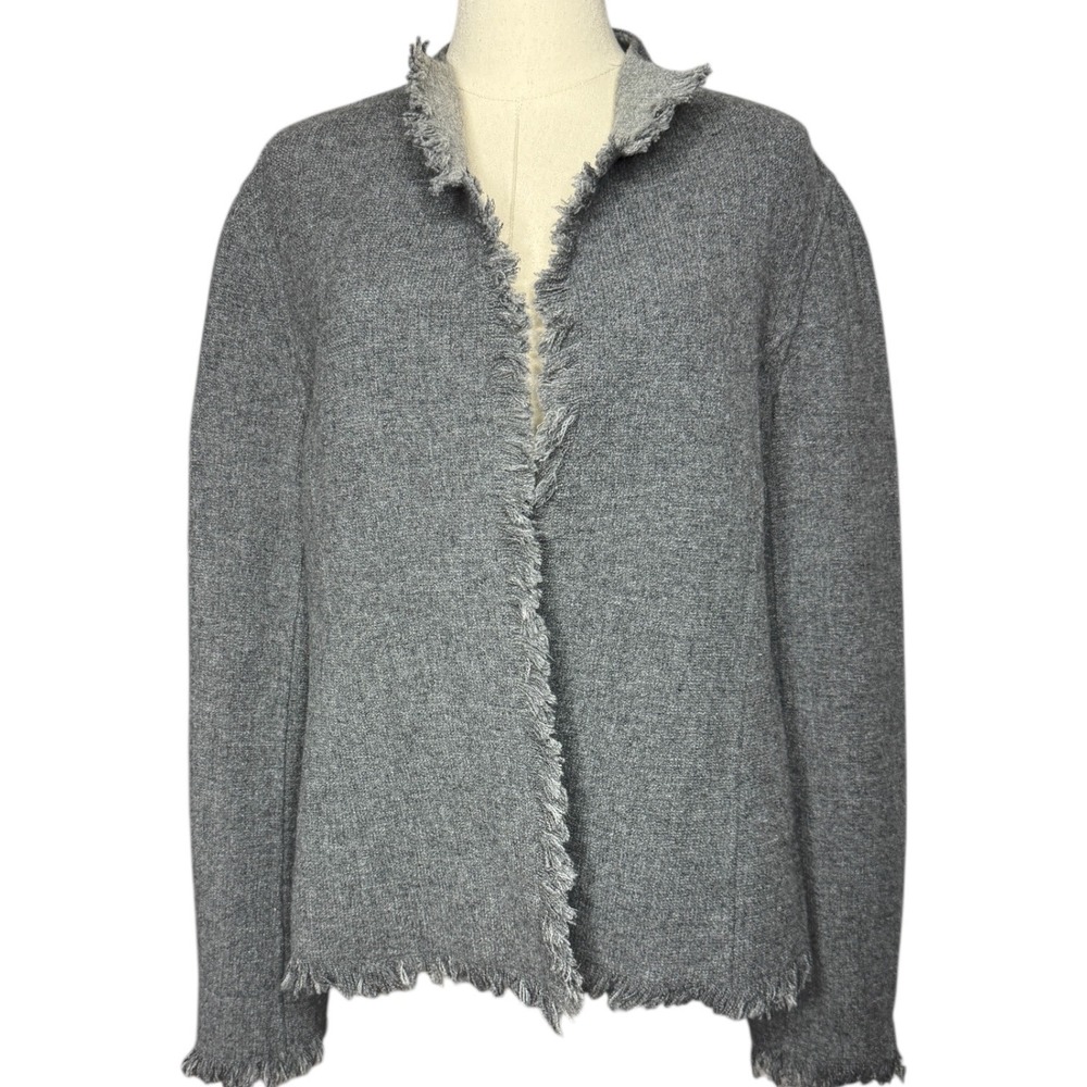 LAFAYETTE 148 NEW YORK Gray Wool‎ Cashmere Fringe Open Cardigan Jacket Size 10